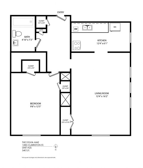 Floor plan for 1 bed, 1 bath, 610 sqft